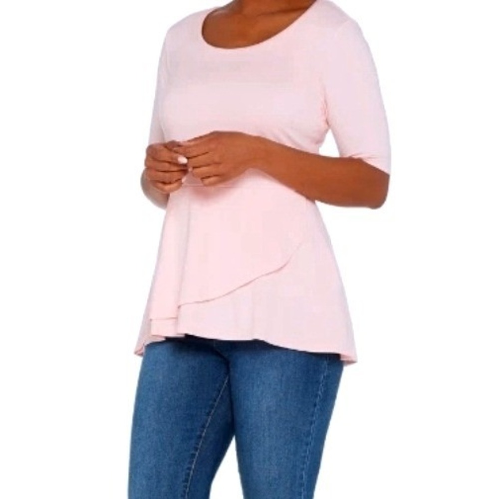 Isaac Mizrahi Pink Peplum Tiered‎ Top Sz L 1/2 Sleeve Scoop Neck Softgirl #619
